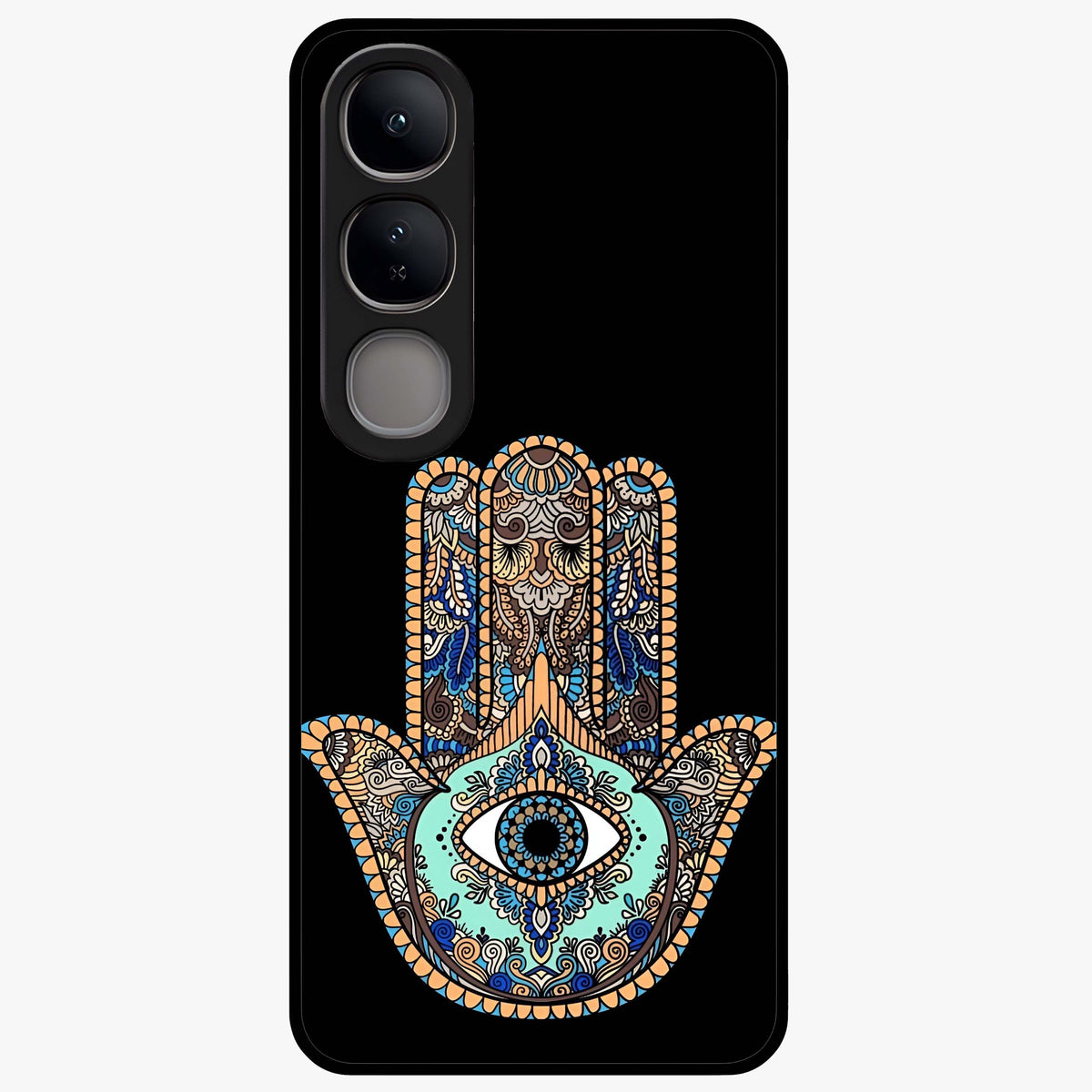 Mystic Hamsa Eye Glass Case showing flat back view with protective hamsa hand and evil eye artwork and glossy glass finish.