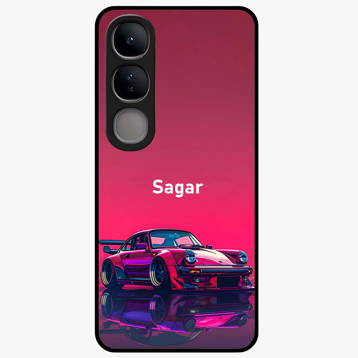 Neon Pink Porsche Glass Case showing flat back view with stylish sports car artwork and glossy glass finish.