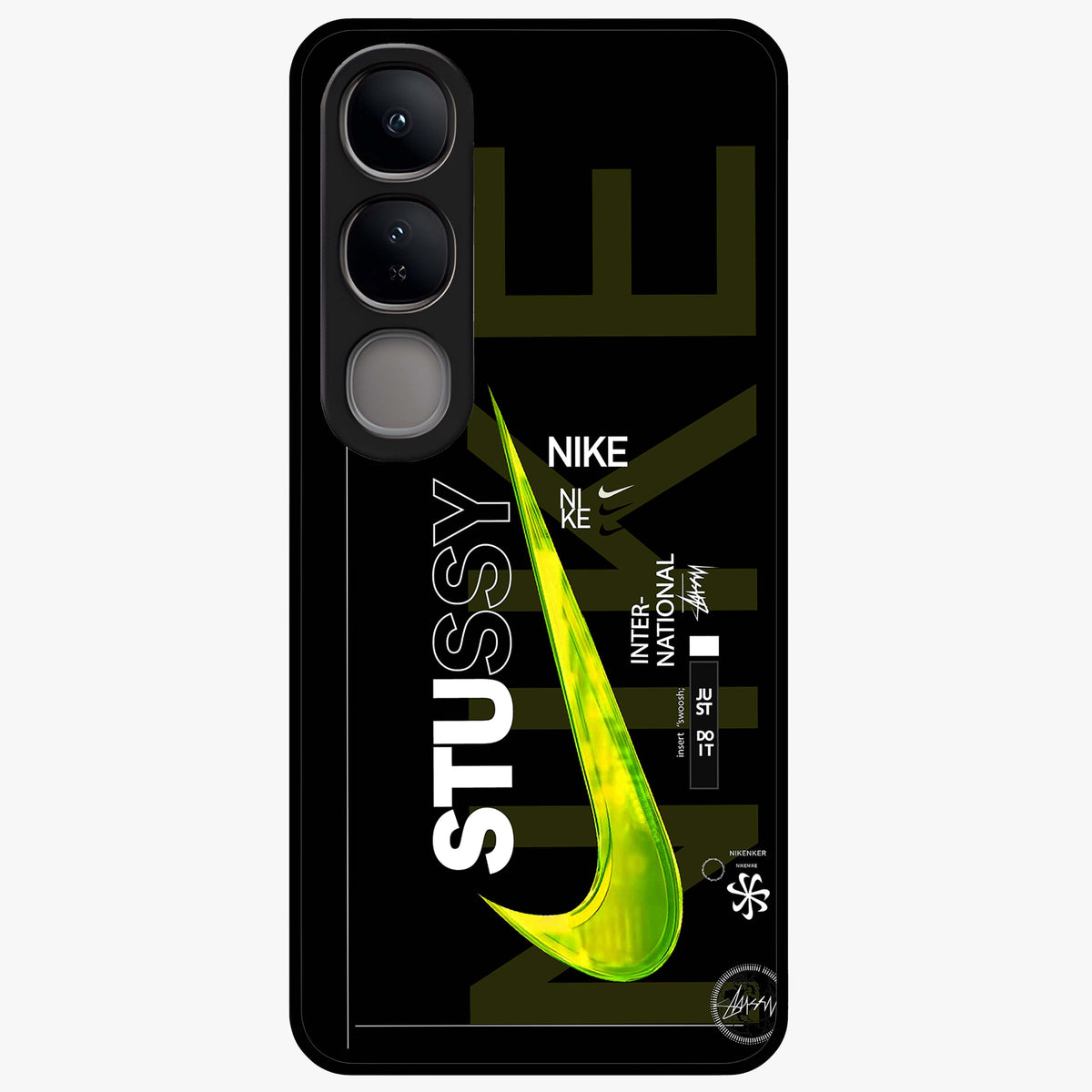 Neon Street Edition Glass Case showing flat back view with neon street style artwork and glossy glass finish.