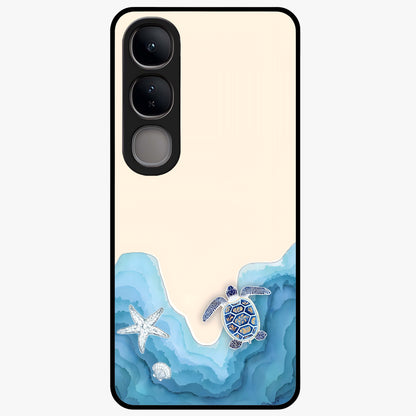 Ocean Drift Turtle Glass Case showing flat back view with sea turtle artwork and glossy glass finish.
