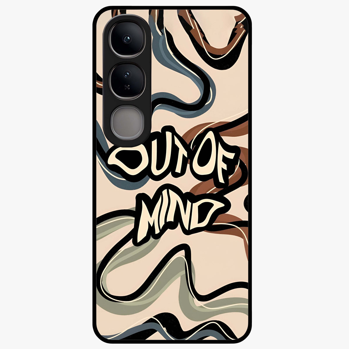 Out Of Mind Glass Case showing flat back view with expressive typography artwork and glossy glass finish.