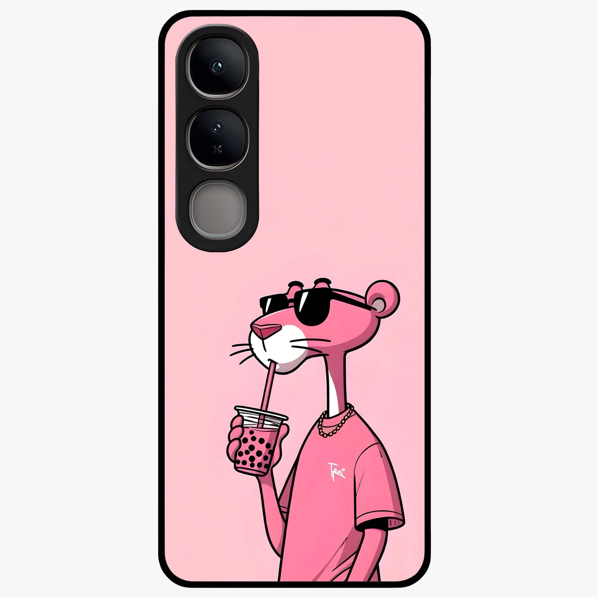 Pink Panther Glass Case showing flat back view with iconic pink panther artwork and glossy glass finish.