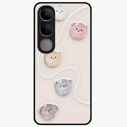 Puffy Face Parade Glass Case showing flat back view with cute puffy character faces artwork and glossy glass finish.