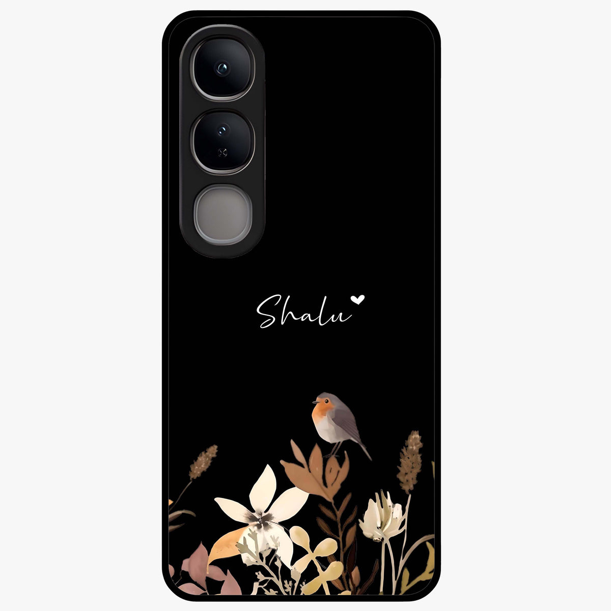 Quiet Garden Tune Custom Name Glass Case showing flat back view with peaceful garden artwork and personalized name design.