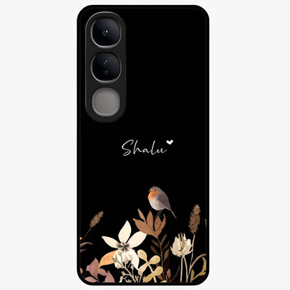 Quiet Garden Tune Custom Name Glass Case showing flat back view with peaceful garden artwork and personalized name design.