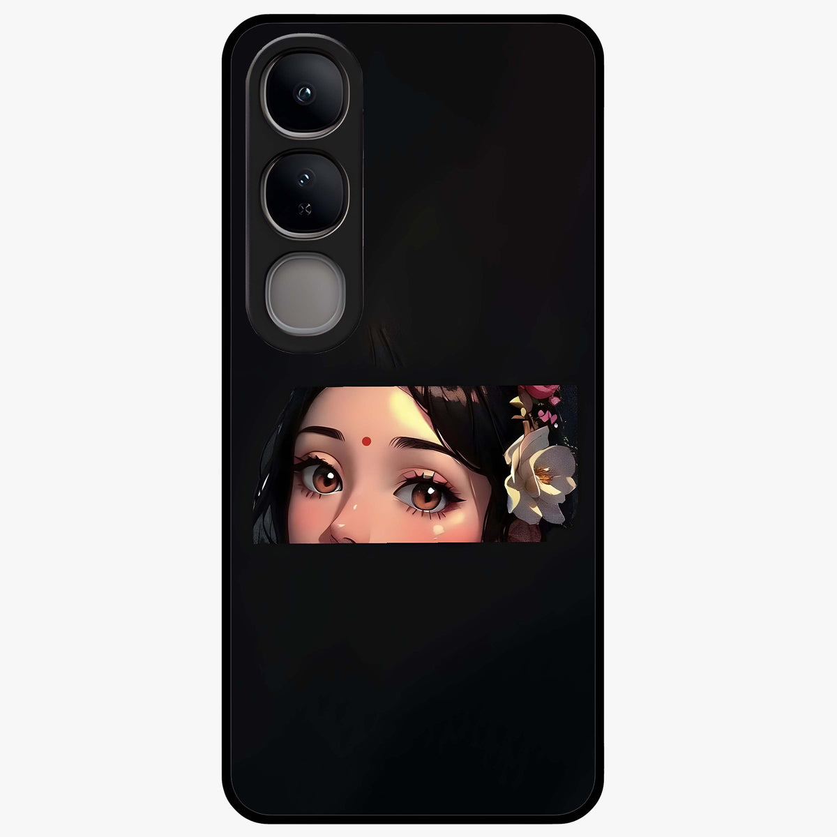 Radha Divine Embrace Glass Case showing flat back view with devotional Radha artwork and glossy glass finish.