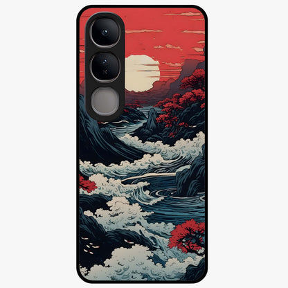 Red Sunset Scenery Glass Case showing flat back view with vibrant sunset landscape artwork and glossy glass finish.