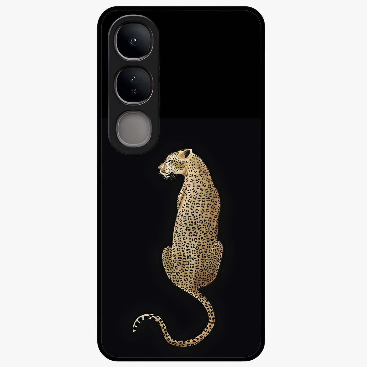 Regal Leopard Glass Case showing flat back view with bold leopard artwork and glossy glass finish.