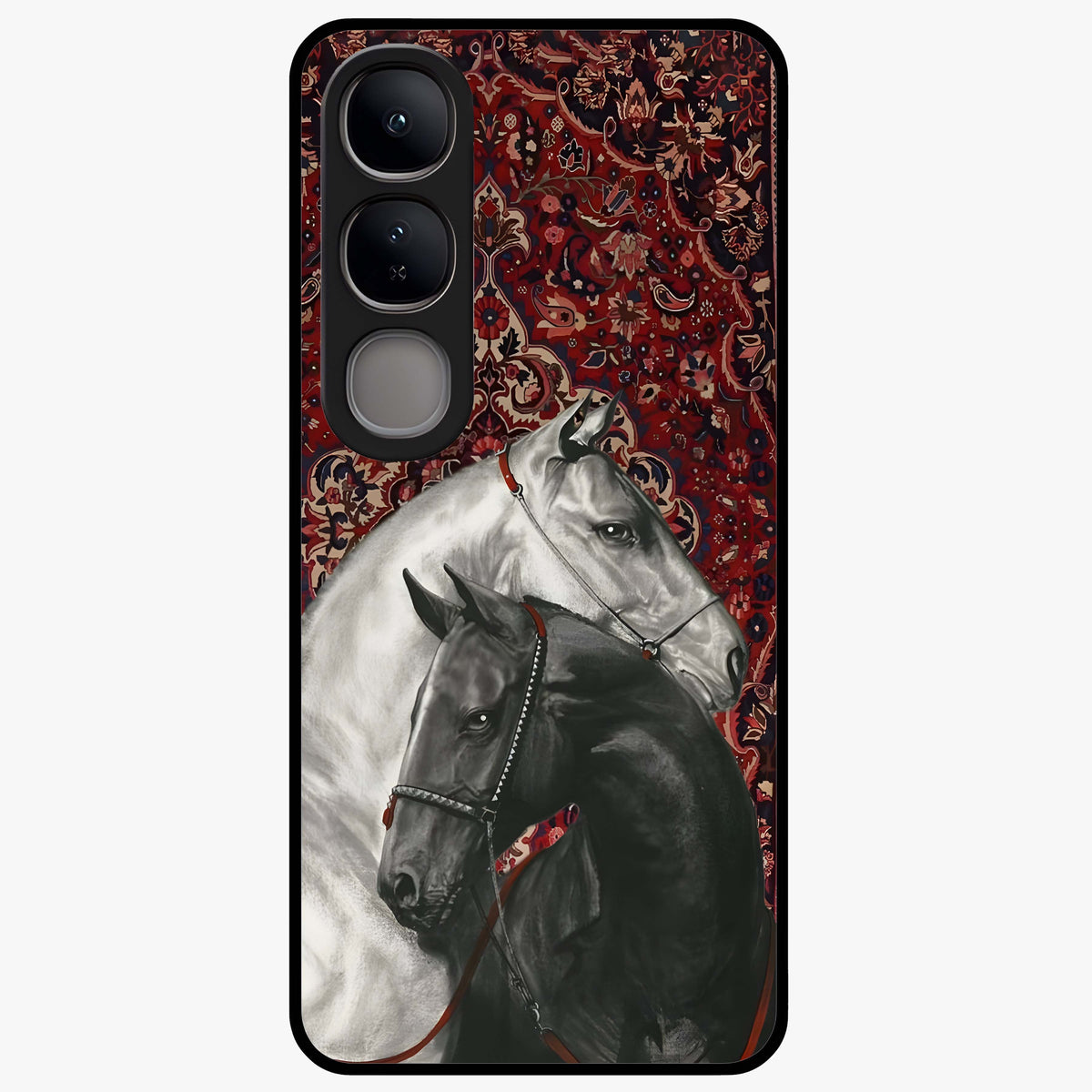 Regal Stallion Tapestry Glass Case showing flat back view with majestic horse tapestry artwork and glossy glass finish.
