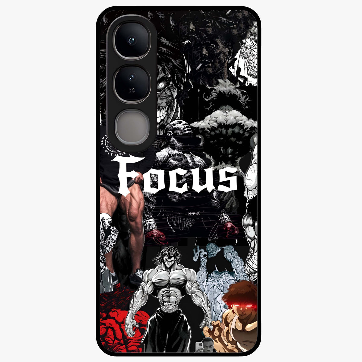 Relentless Power Focus Glass Case showing flat back view with motivational typography artwork and glossy glass finish.
