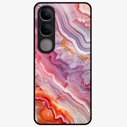 Rose Quartz Marble Glass Case showing flat back view with pink marble quartz texture artwork and glossy glass finish.