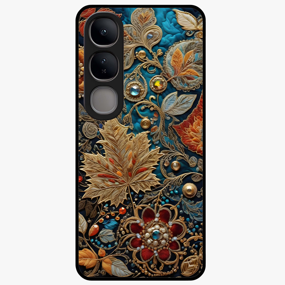 Royal Jewel Garden Glass Case showing flat back view with decorative floral garden artwork and glossy glass finish.