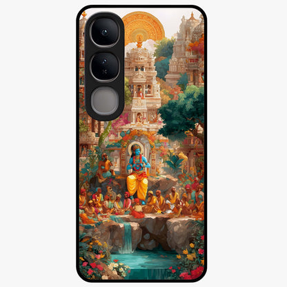 Sacred Sunlight Gods Glass Case showing flat back view with divine sunlight themed artwork and glossy glass finish.