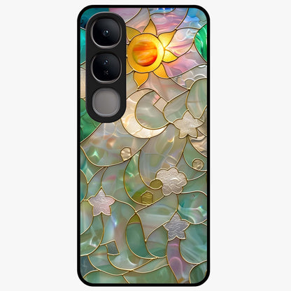 Stained Sunrise Glow Glass Case showing flat back view with glowing sunrise stained pattern artwork and glossy glass finish.