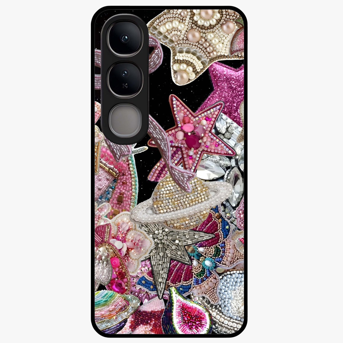 Starlit Jewel Dream Glass Case showing flat back view with sparkling jewel and star themed artwork and glossy glass finish.
