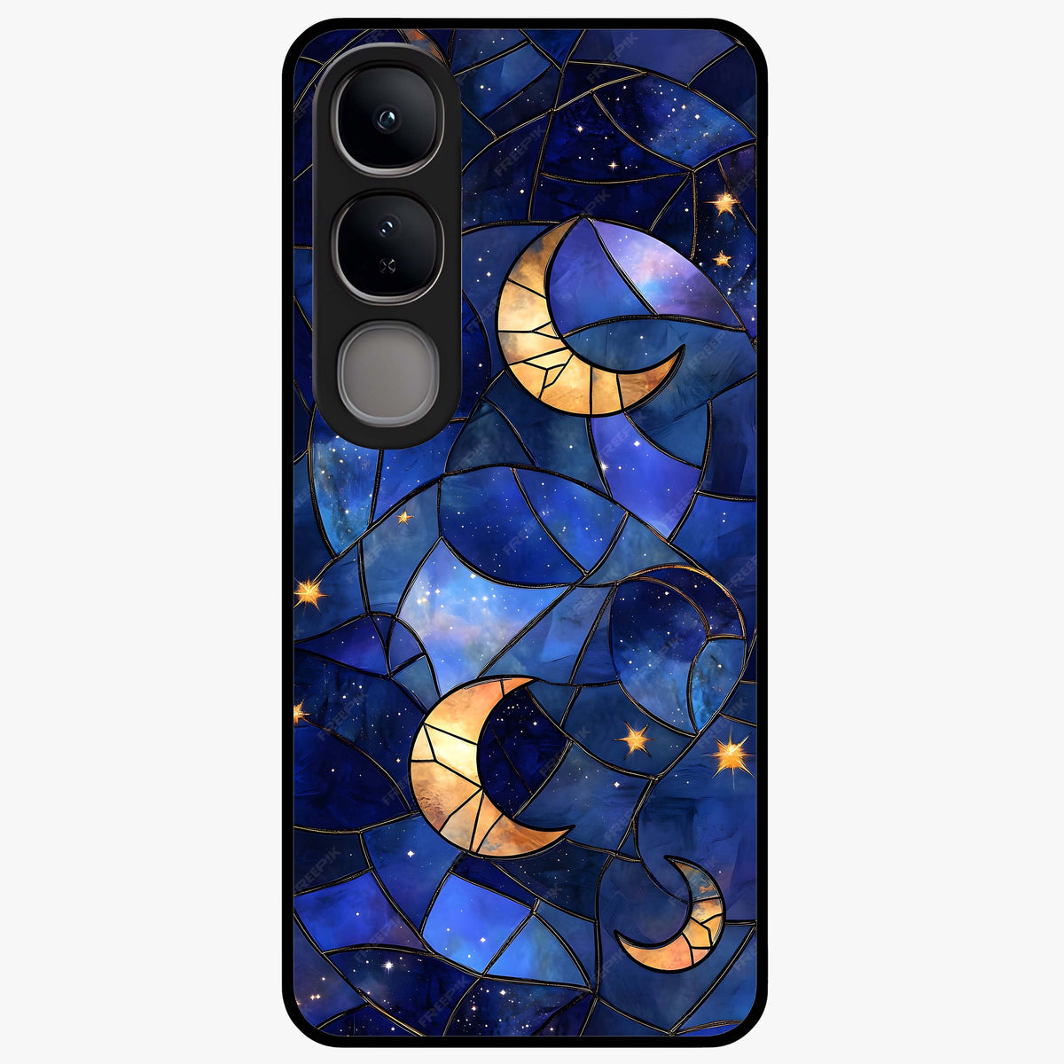 Starlit Sky Tapestry Glass Case showing flat back view with decorative starry sky tapestry artwork and glossy glass finish.