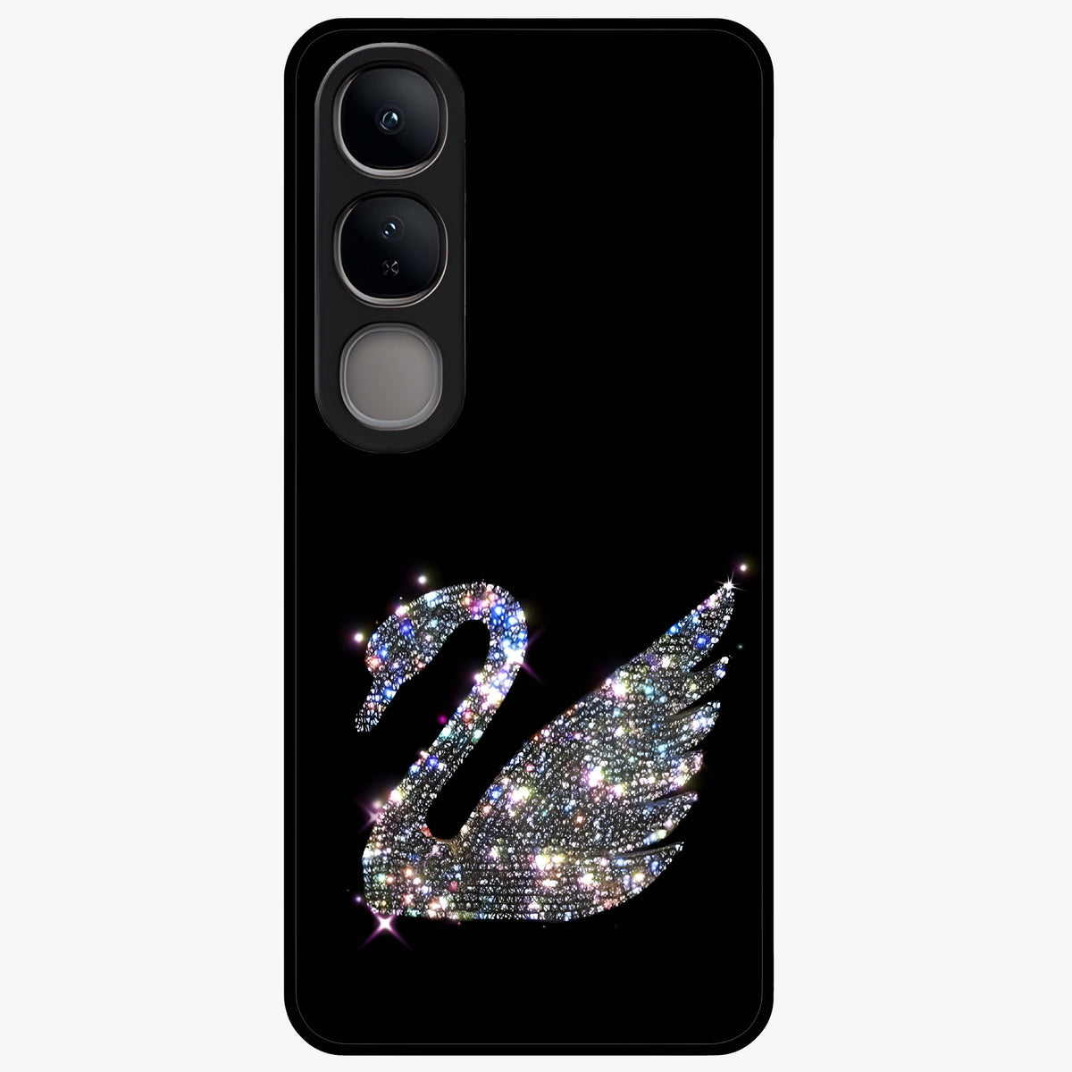 Starlit Swan Grace Glass Case showing flat back view with graceful swan artwork under starry sky and glossy glass finish.