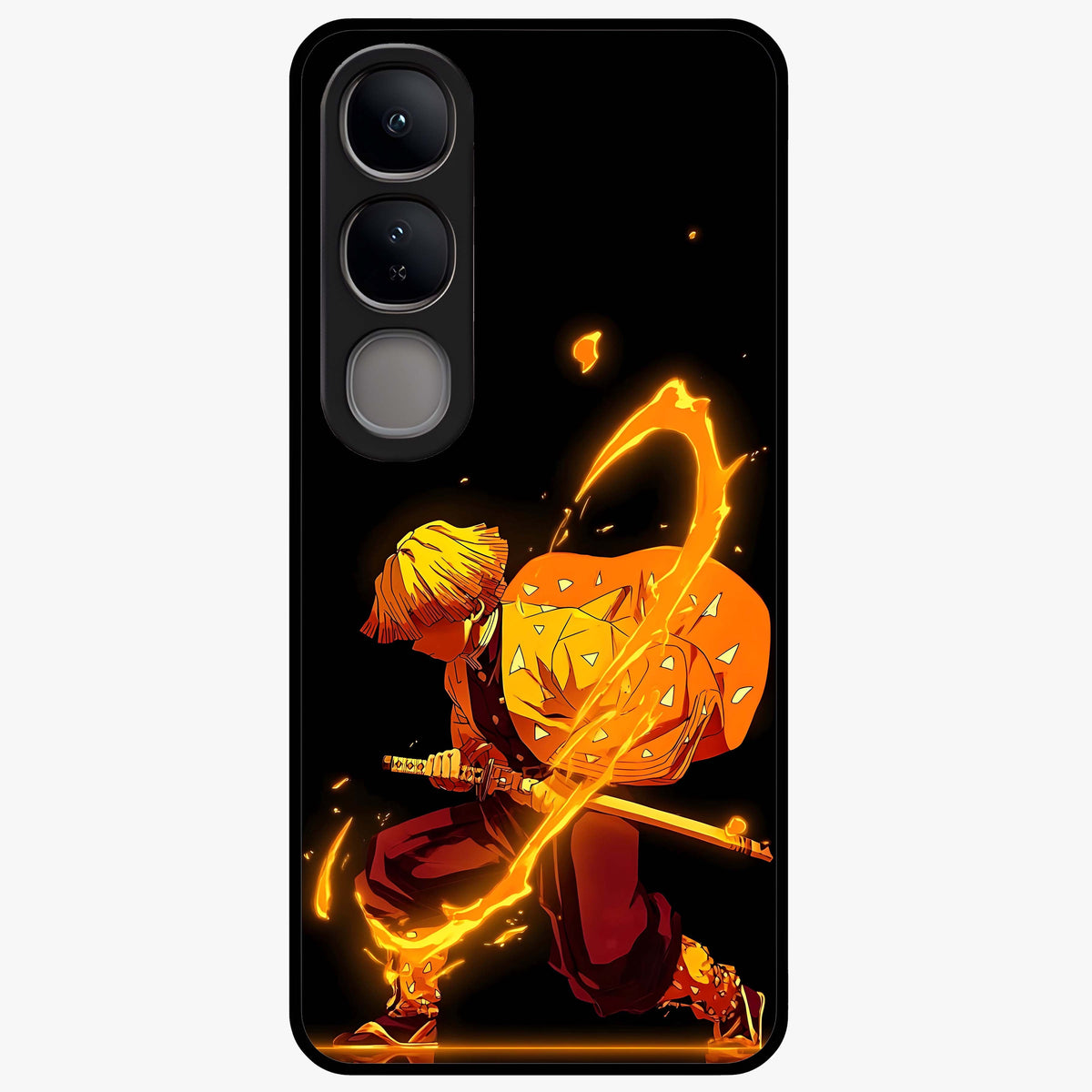Thunder Flame Execution Glass Case showing flat back view with powerful flame and lightning artwork and glossy glass finish.