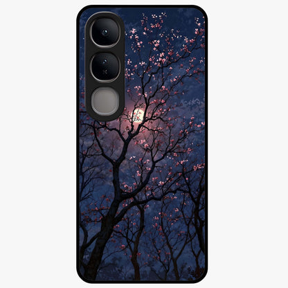 Twilight Sakura Serenade Glass Case showing flat back view with cherry blossom artwork at twilight and glossy glass finish.