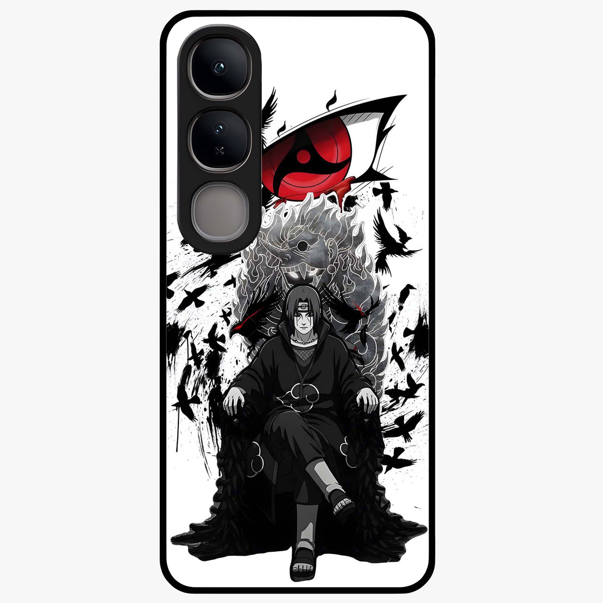 Uchiha Shadow Throne Glass Case showing flat back view with cosmic underwater themed artwork and glossy glass finish.