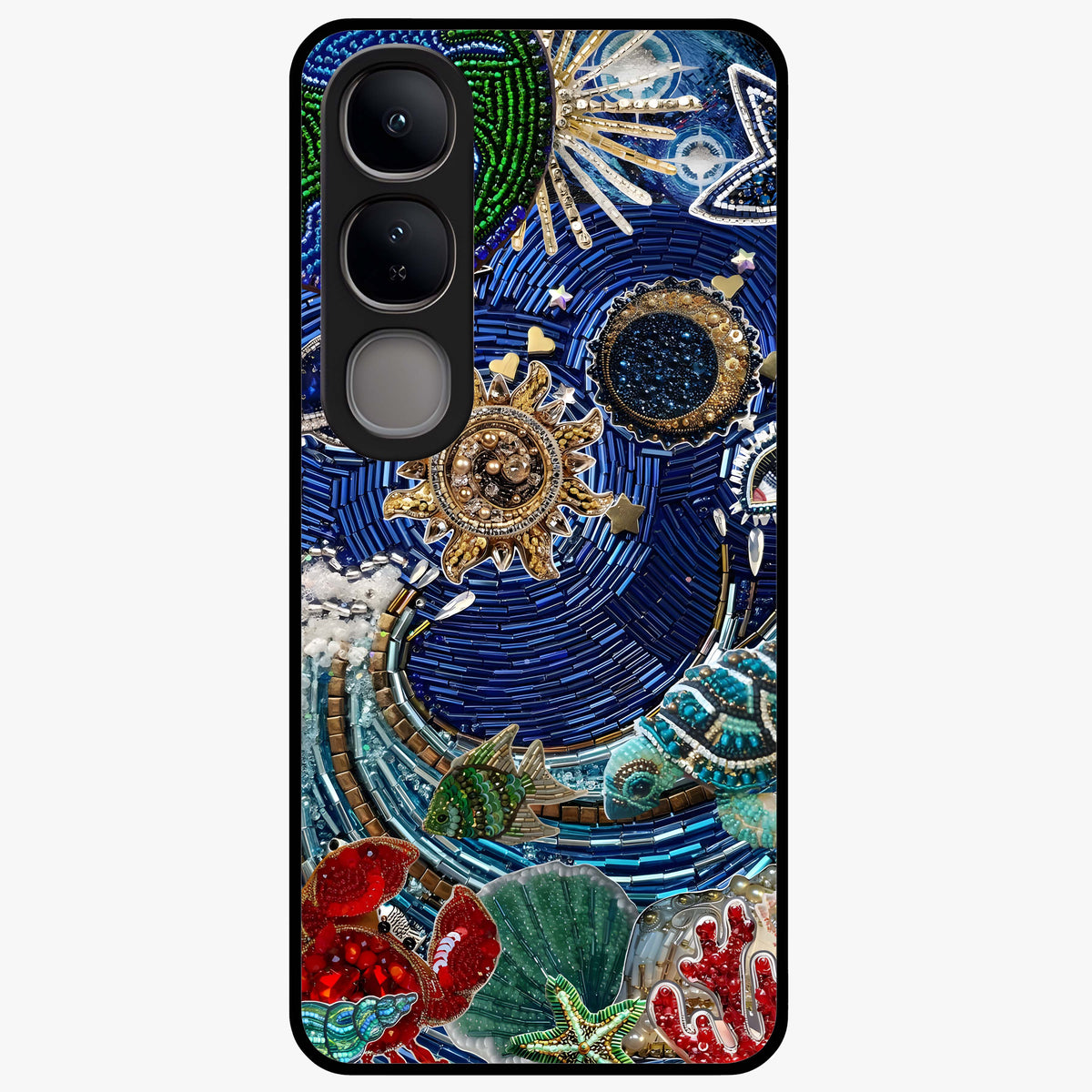 Universe Underwater Spark Glass Case showing flat back view with cosmic underwater themed artwork and glossy glass finish.