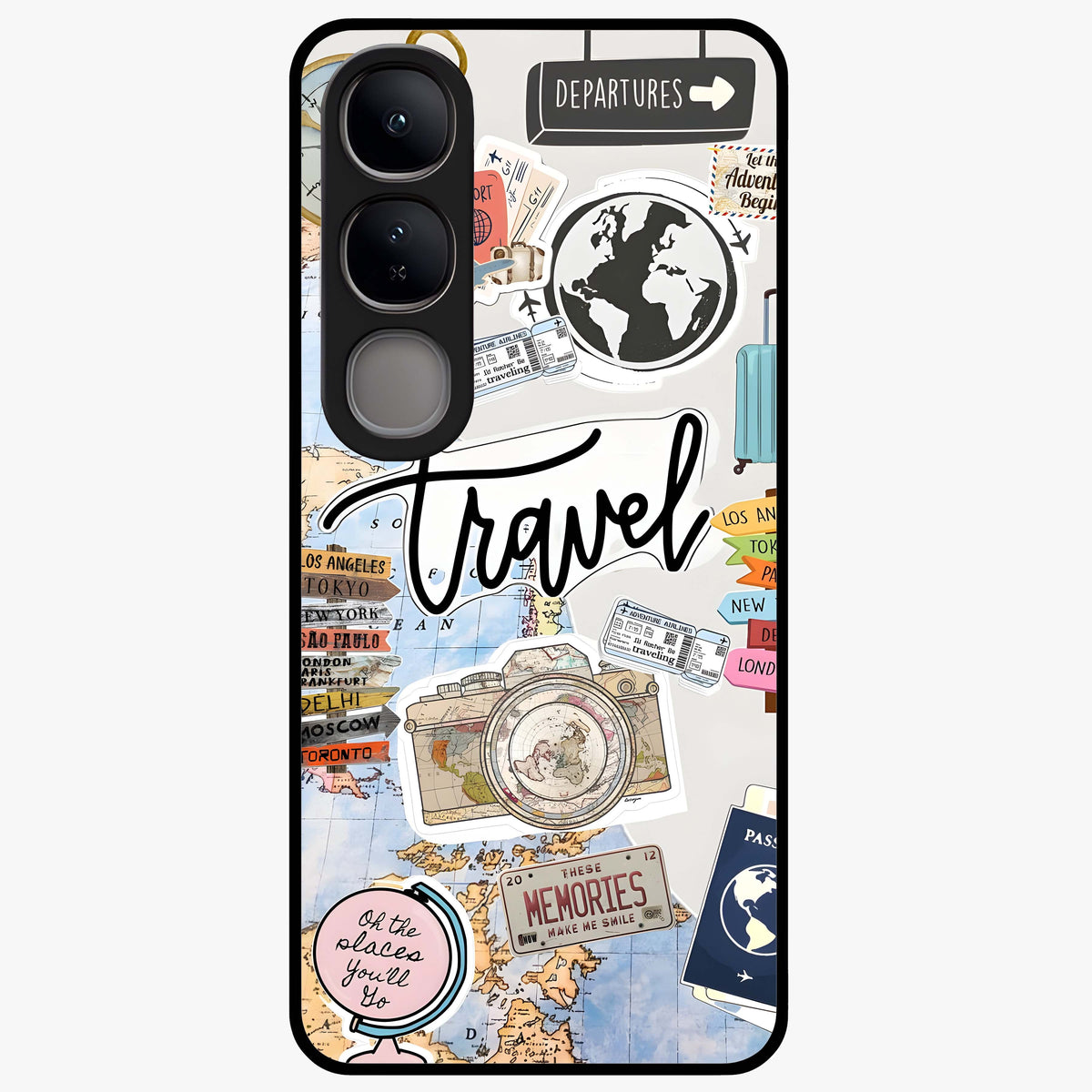 Wanderlust Journal Glass Case showing flat back view with travel inspired artwork and glossy glass finish.