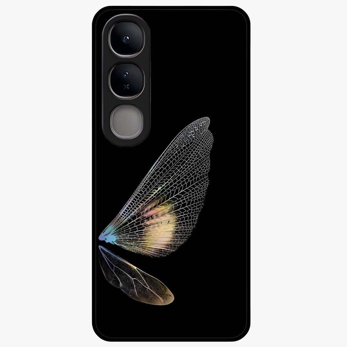 Whispers Of Wings Glass Case showing flat back view with graceful wing inspired artwork and glossy glass finish.