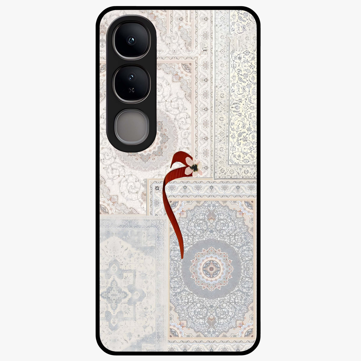 White Aesthetic Bow Glass Case showing flat back view with minimal bow artwork and glossy glass finish.