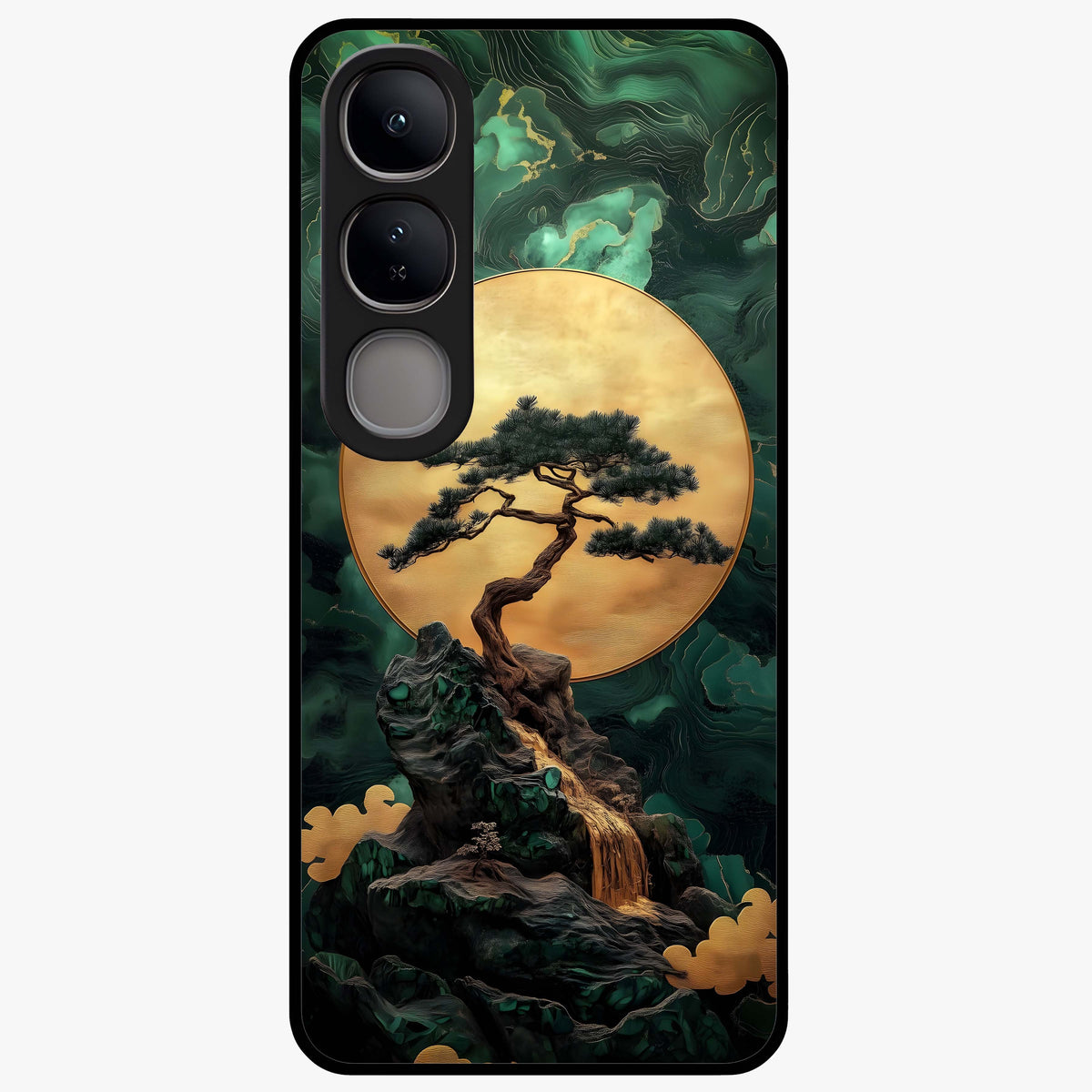 Zen Moon Rise Glass Case showing flat back view with calm moonrise artwork and glossy glass finish.