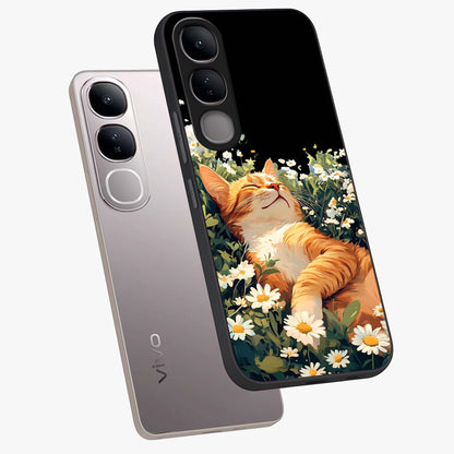 Blissful Bloom Cat Glass Case displayed in angled mockup highlighting playful feline illustration with soft floral aesthetic.