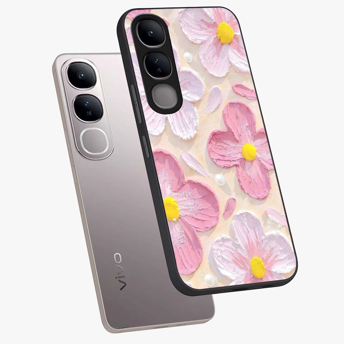 Blush Bloom Texture Glass Case displayed in angled mockup highlighting subtle bloom pattern with aesthetic pastel design.