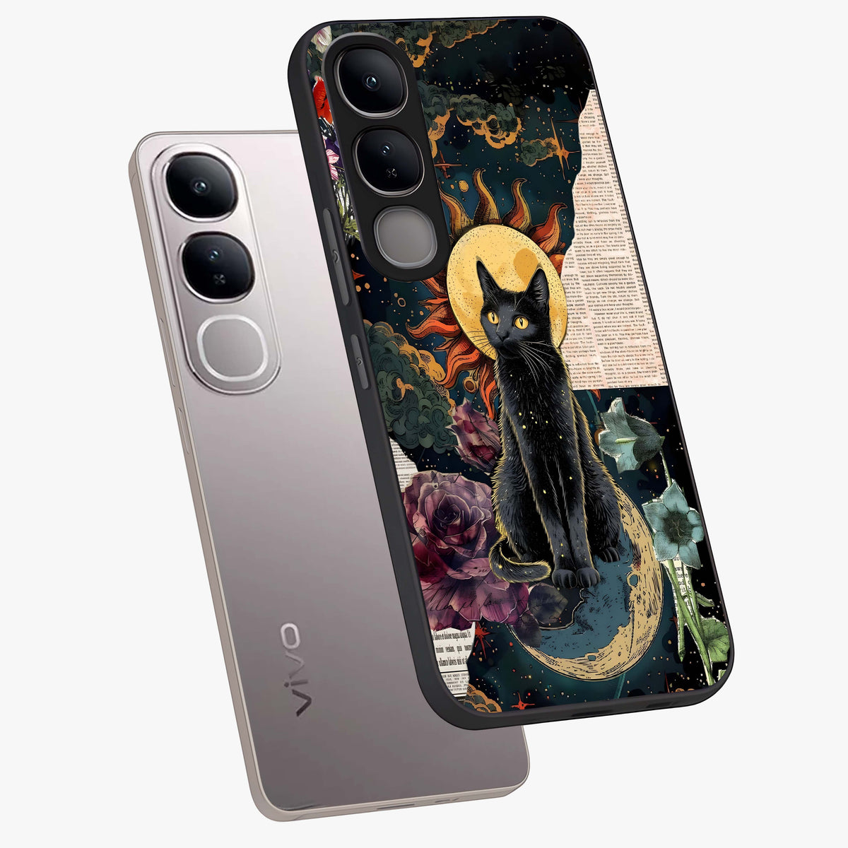 Celestial Black Cat Glass Case displayed in angled mockup highlighting cosmic black cat design with celestial aesthetic.