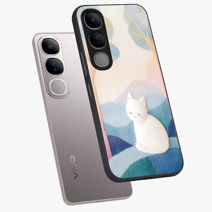 Cotton Dream Cat Glass Case displayed in angled mockup highlighting cute feline illustration with pastel aesthetic style.