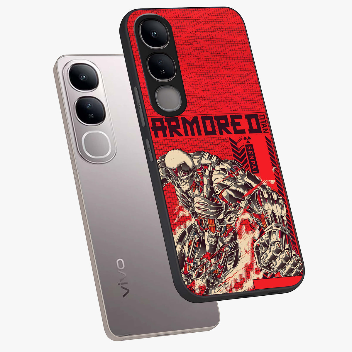 Crimson Mecha Titan Glass Case displayed in angled mockup highlighting futuristic mech illustration with bold crimson aesthetic.