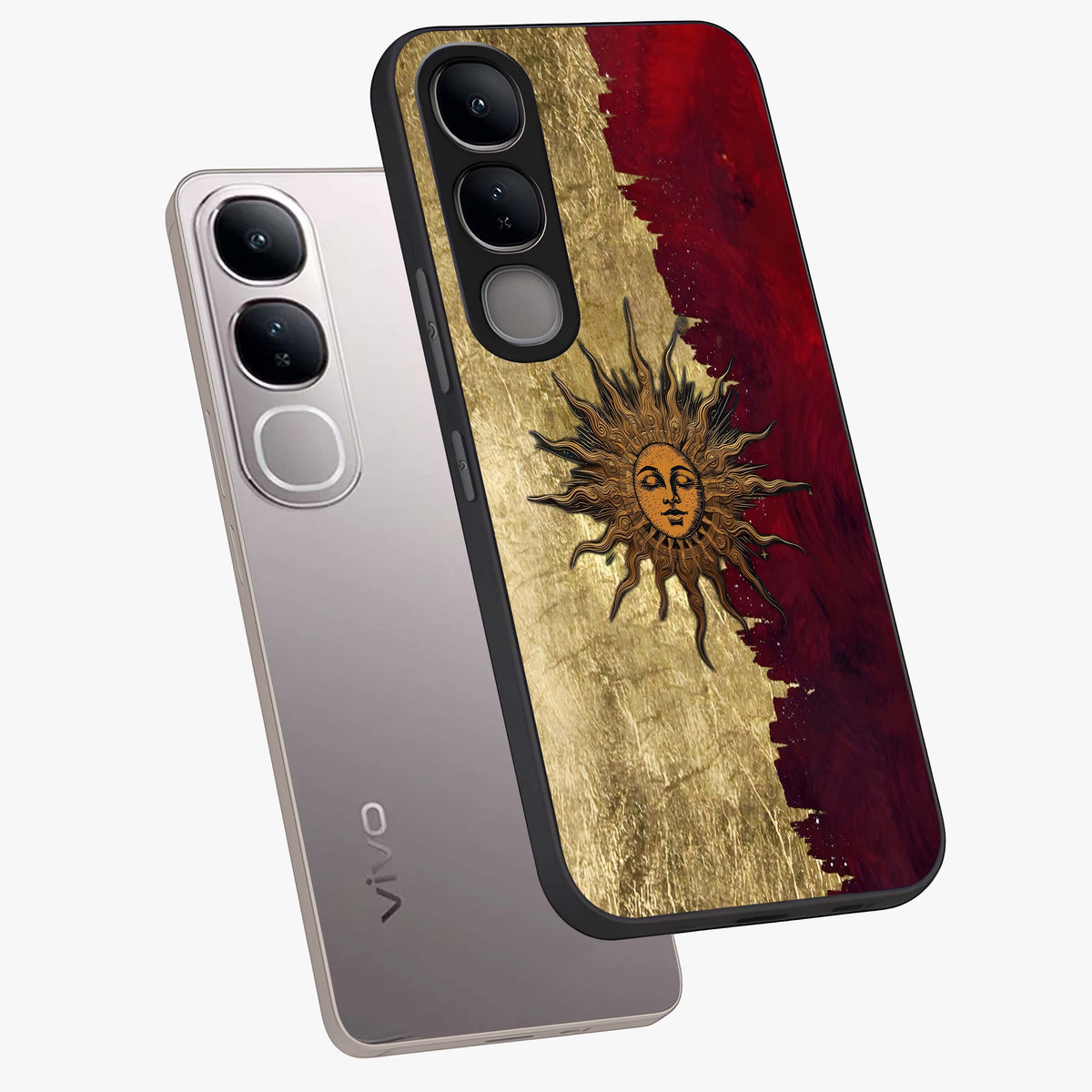 Crimson Sun Majesty Glass Case displayed in angled mockup highlighting majestic crimson sun design with bold aesthetic style.