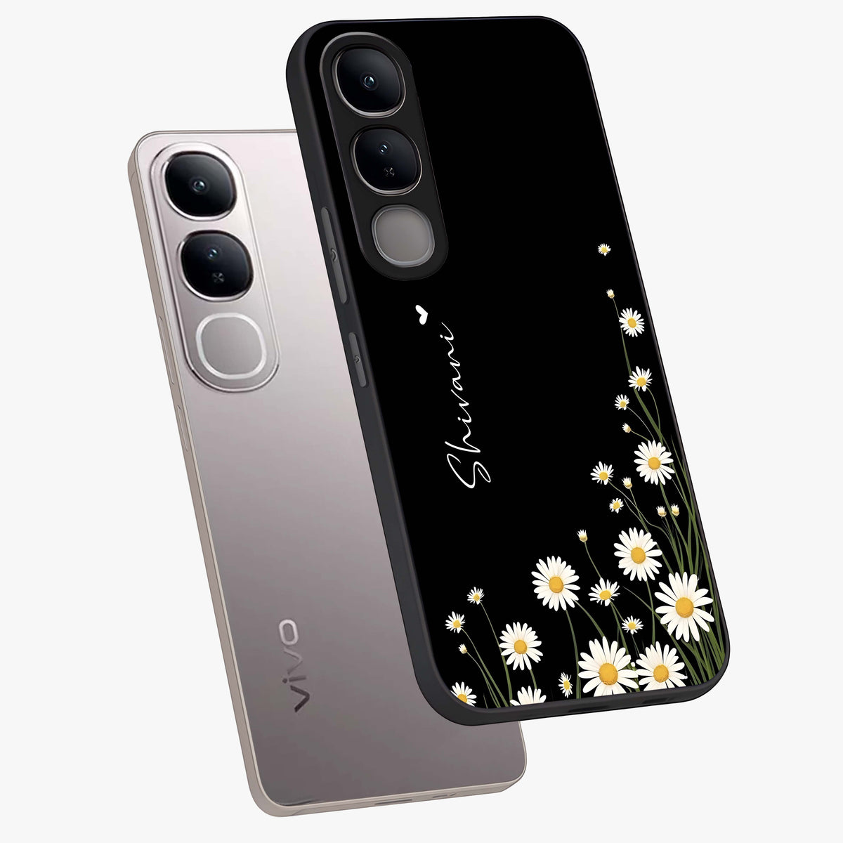 Daisy Cascade Custom Name Glass Case displayed in angled mockup highlighting delicate daisy artwork with custom name feature.