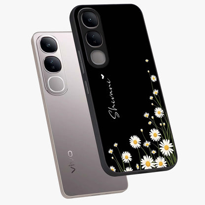 Daisy Cascade Custom Name Glass Case displayed in angled mockup highlighting delicate daisy artwork with custom name feature.