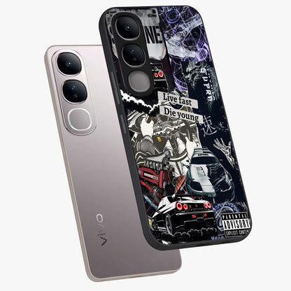 Die Young Glass Case displayed in angled mockup highlighting expressive graphic artwork with edgy aesthetic style.