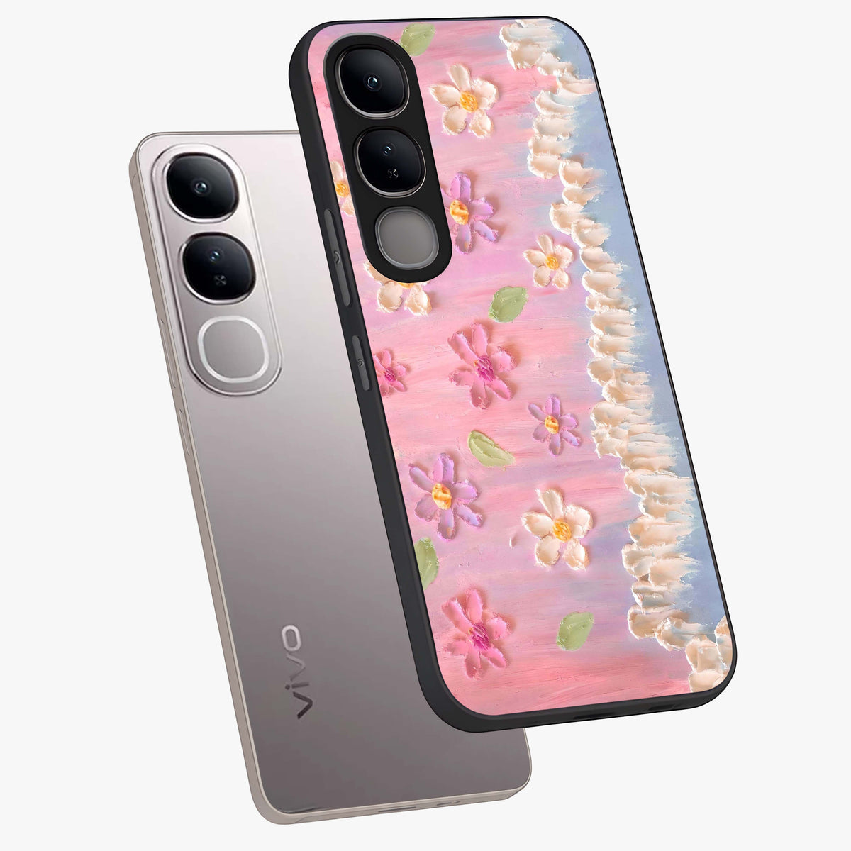Dreamy Painted Garden Glass Case displayed in angled mockup highlighting colorful garden illustration with dreamy aesthetic style.