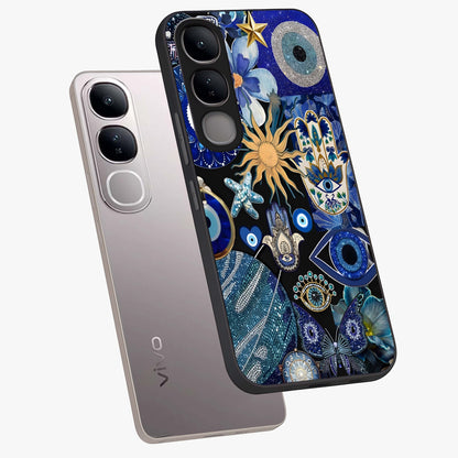 Evil Eye Charm Mix Glass Case displayed in angled mockup highlighting protective evil eye symbols with spiritual aesthetic design.