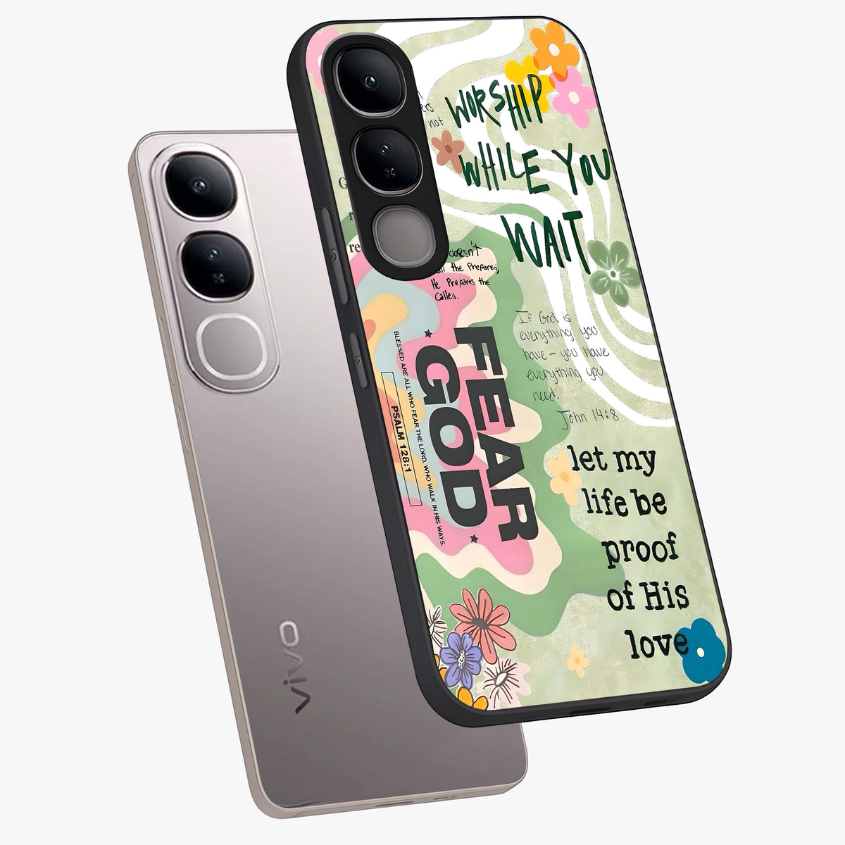 Faith Over Fear Glass Case displayed in angled mockup highlighting inspirational message design with modern aesthetic style.