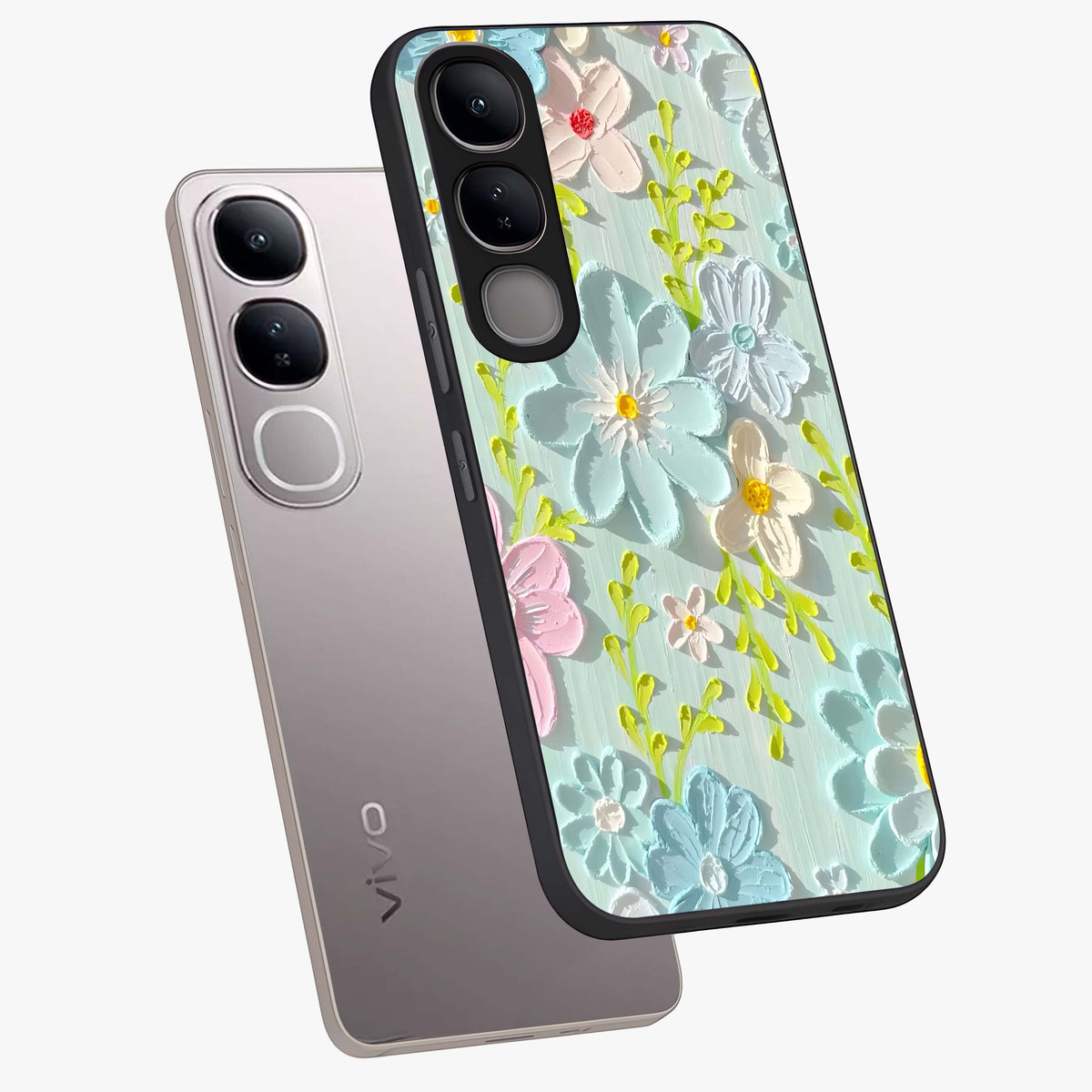 Frosted Petal Garden Glass Case displayed in angled mockup highlighting delicate flower petal design with calm garden aesthetic.