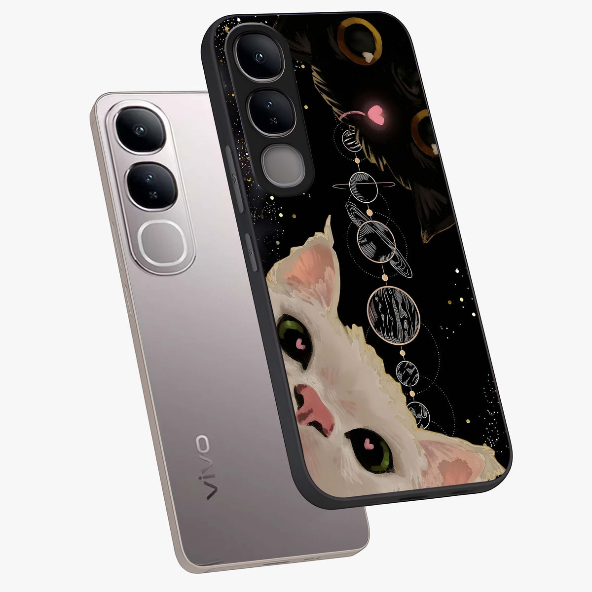 Galactic Cat Glass Case displayed in angled mockup highlighting celestial feline illustration with galaxy aesthetic style.