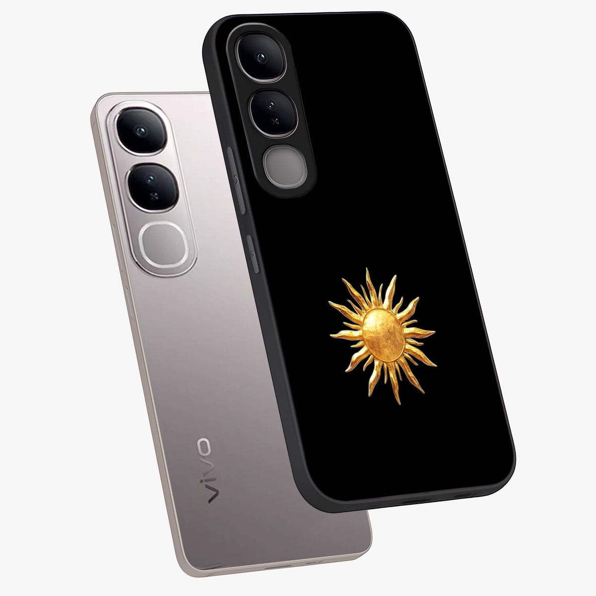 Golden Sun Minimalism Glass Case displayed in angled mockup highlighting eerie shadow illustration with gothic aesthetic.