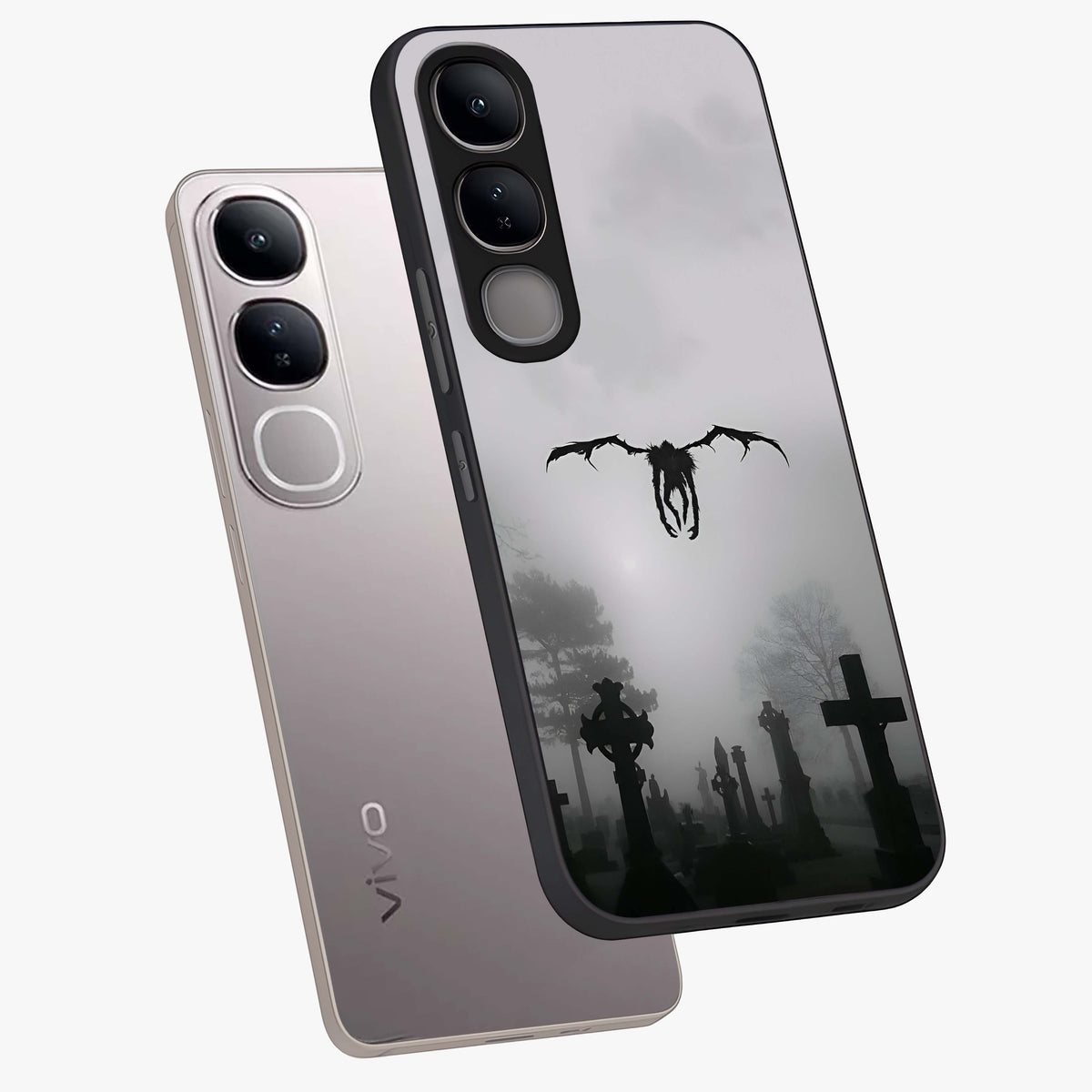 Graveyard Shadow Descent Glass Case displayed in angled mockup highlighting eerie shadow illustration with gothic aesthetic.