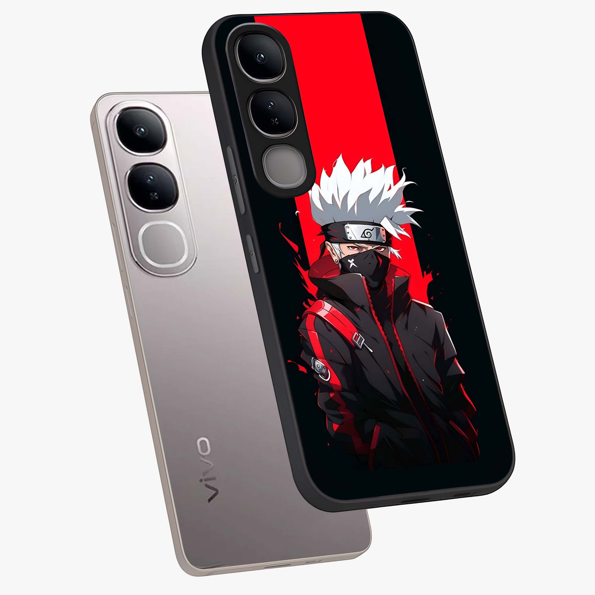 Kakashi Scarlet Shadow Glass Case displayed in angled mockup highlighting dramatic ninja illustration with scarlet themed aesthetic.