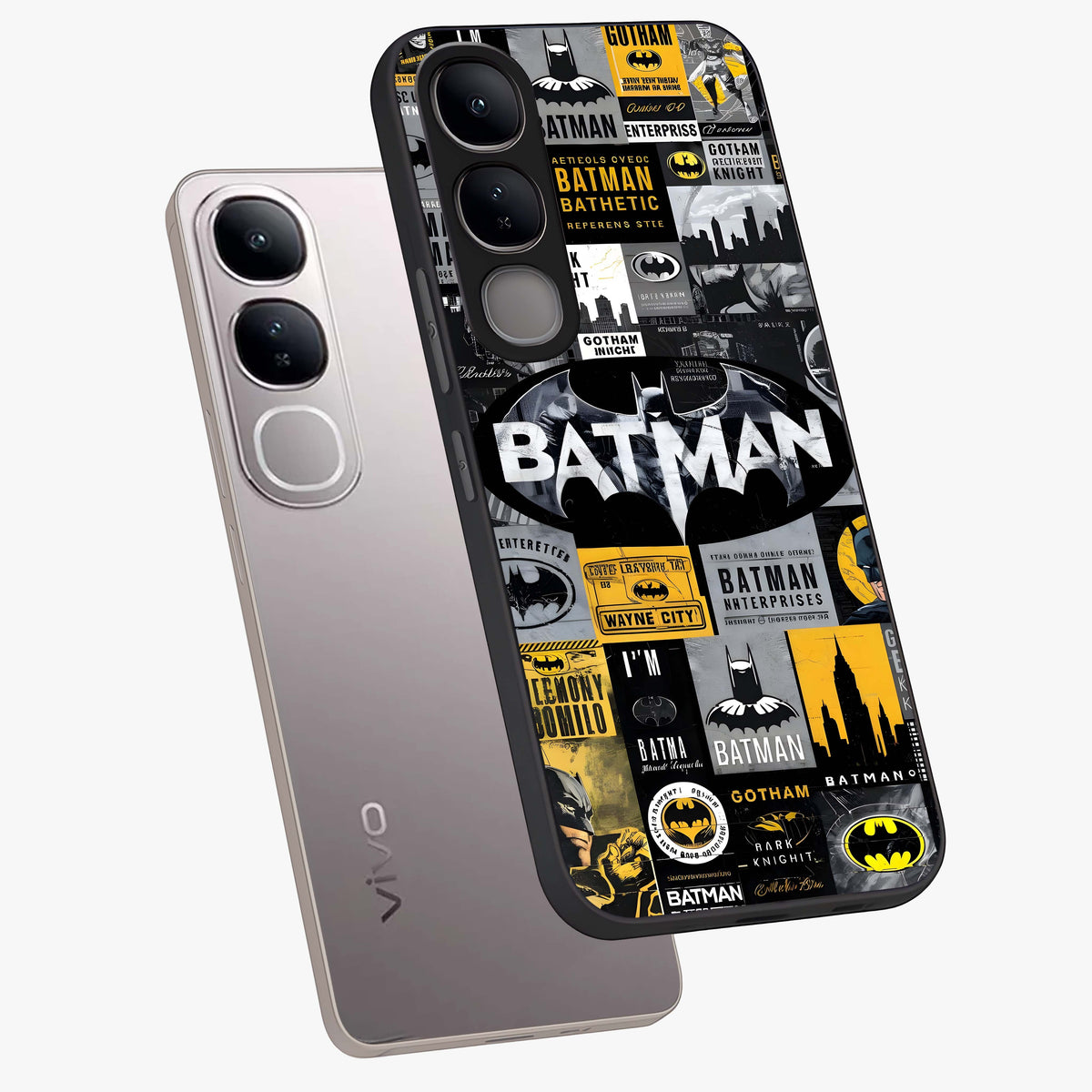 Knight Gotham Rise Glass Case displayed in angled mockup highlighting powerful knight silhouette design with dramatic aesthetic.