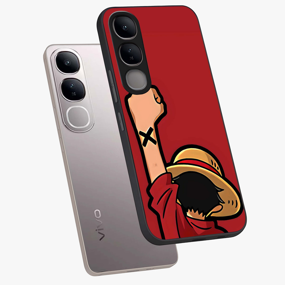 Luffy X Spirit Glass Case displayed in angled mockup highlighting powerful anime design with energetic action aesthetic.