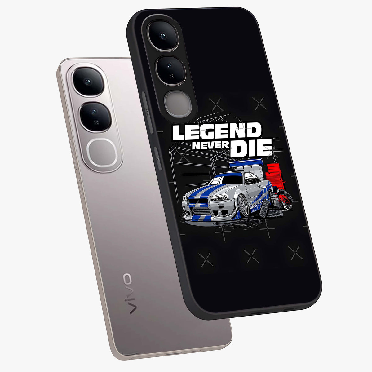 Midnight Racing Legacy Glass Case displayed in angled mockup highlighting dynamic automotive design with bold midnight aesthetic.
