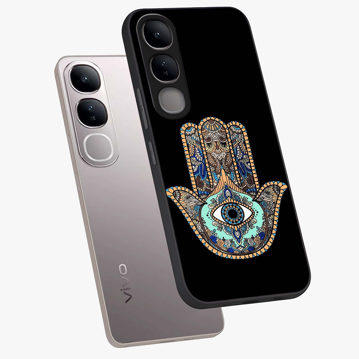 Mystic Hamsa Eye Glass Case displayed in angled mockup highlighting spiritual hamsa symbol with mystical aesthetic style.